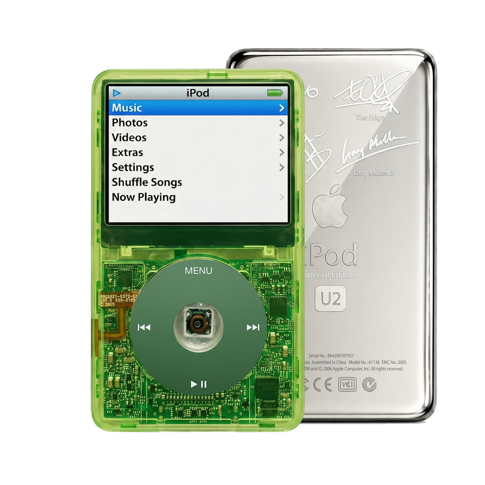 Clear Green refurbished iPod Video 5.5 Gen with Green click wheel and Silver U2 back plate
