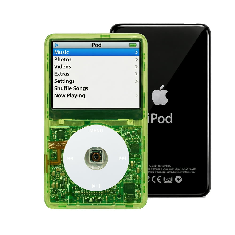 Clear Green refurbished iPod Video 5.5 Gen with Gray click wheel and Black back plate