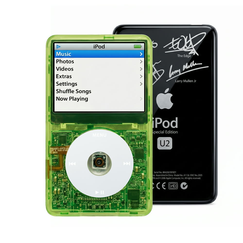 Clear Green refurbished iPod Video 5.5 Gen with Gray click wheel and Black U2 back plate