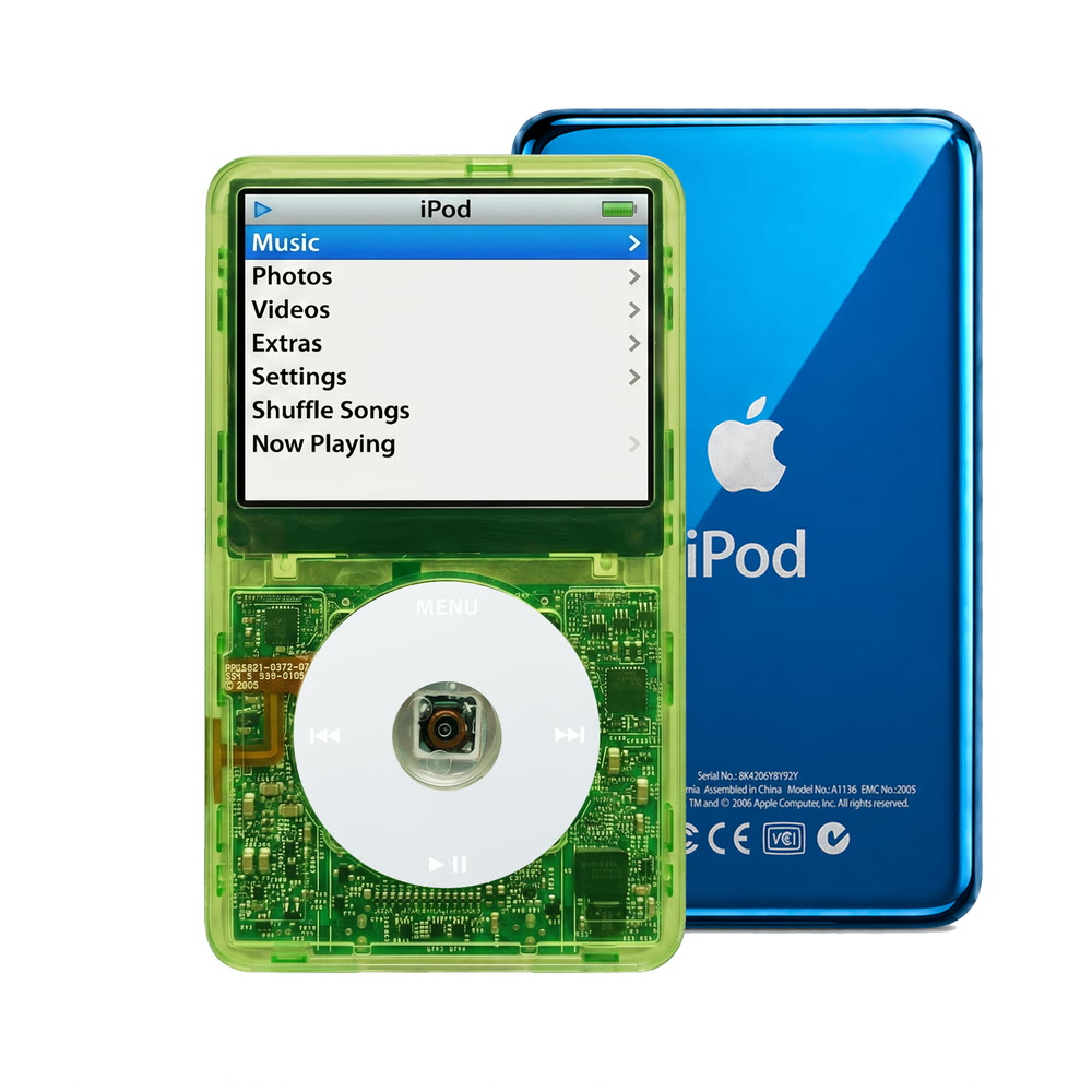 Clear Green refurbished iPod Video 5.5 Gen with Gray click wheel and Blue back plate