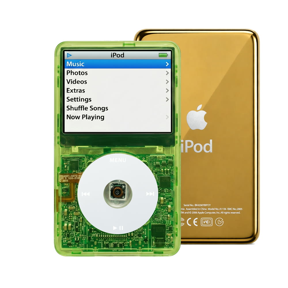 Clear Green refurbished iPod Video 5.5 Gen with Gray click wheel and Gold back plate
