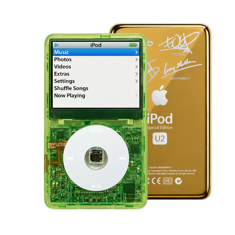 Clear Green refurbished iPod Video 5.5 Gen with Gray click wheel and Gold U2 back plate