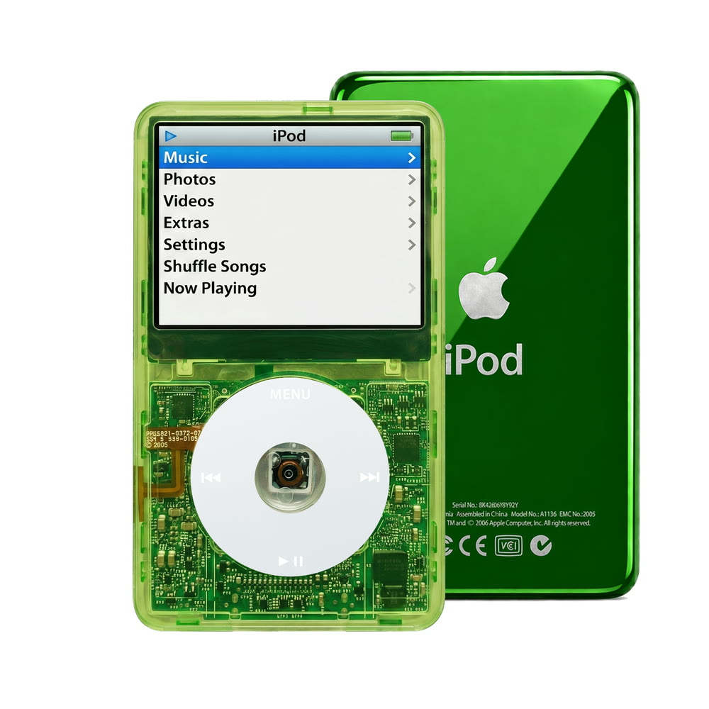 Clear Green refurbished iPod Video 5.5 Gen with Gray click wheel and Green back plate