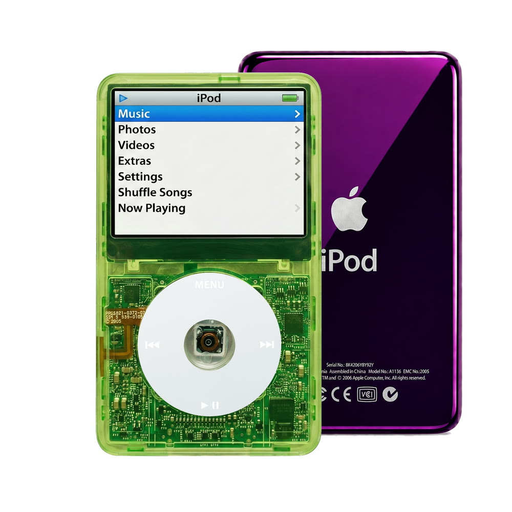 Clear Green refurbished iPod Video 5.5 Gen with Gray click wheel and Purple back plate