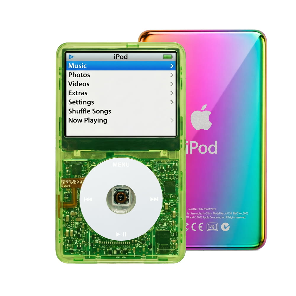 Clear Green refurbished iPod Video 5.5 Gen with Gray click wheel and Rainbow back plate