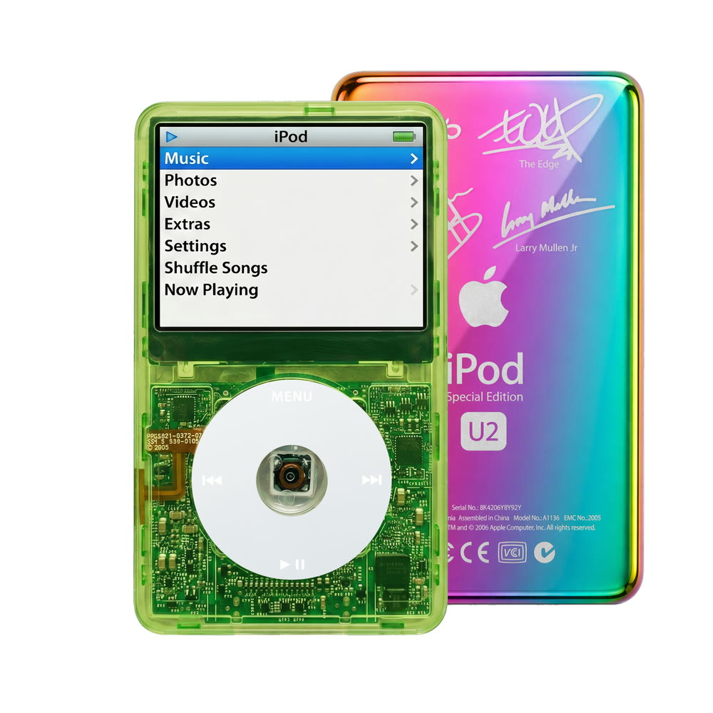 Clear Green refurbished iPod Video 5.5 Gen with Gray click wheel and Rainbow U2 back plate