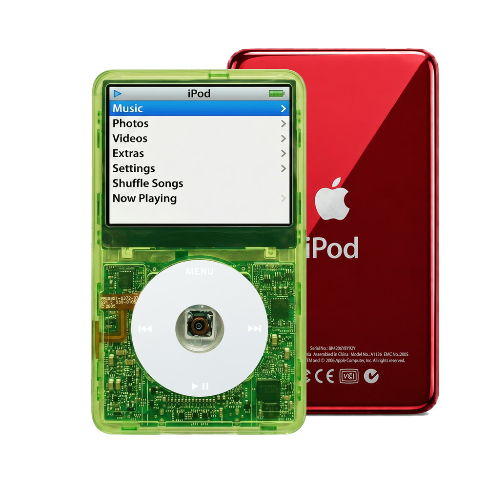 Clear Green refurbished iPod Video 5.5 Gen with Gray click wheel and Red back plate