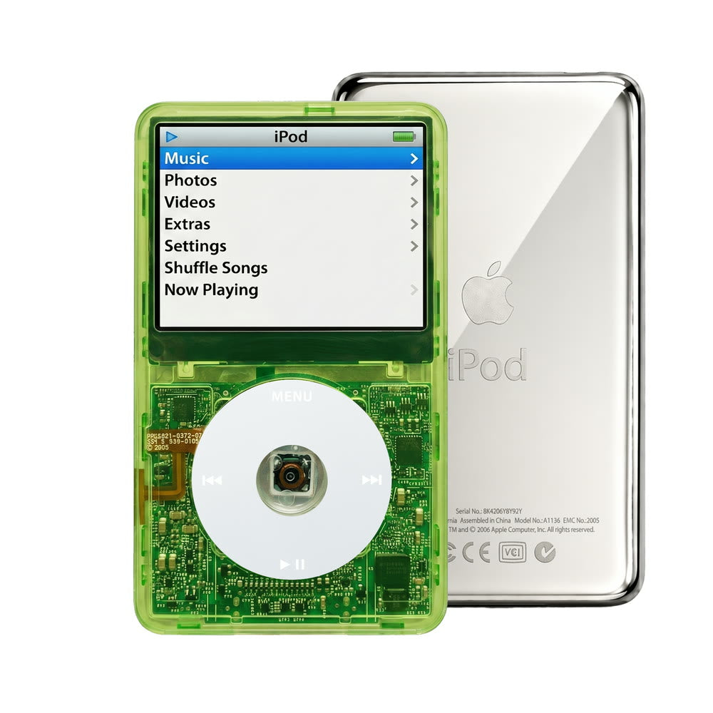 Clear Green refurbished iPod Video 5.5 Gen with Gray click wheel and Silver back plate