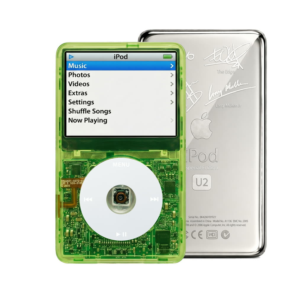 Clear Green refurbished iPod Video 5.5 Gen with Gray click wheel and Silver U2 back plate