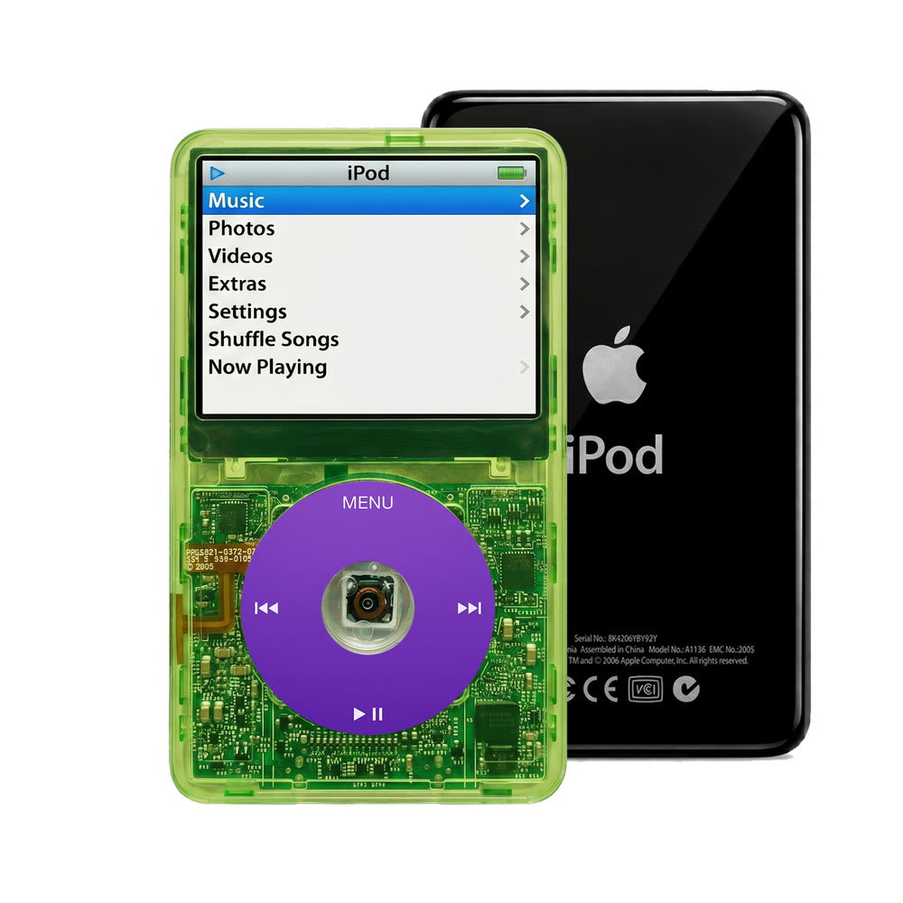 Clear Green refurbished iPod Video 5.5 Gen with Purple click wheel and Black back plate