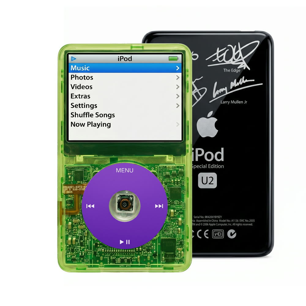 Clear Green refurbished iPod Video 5.5 Gen with Purple click wheel and Black U2 back plate