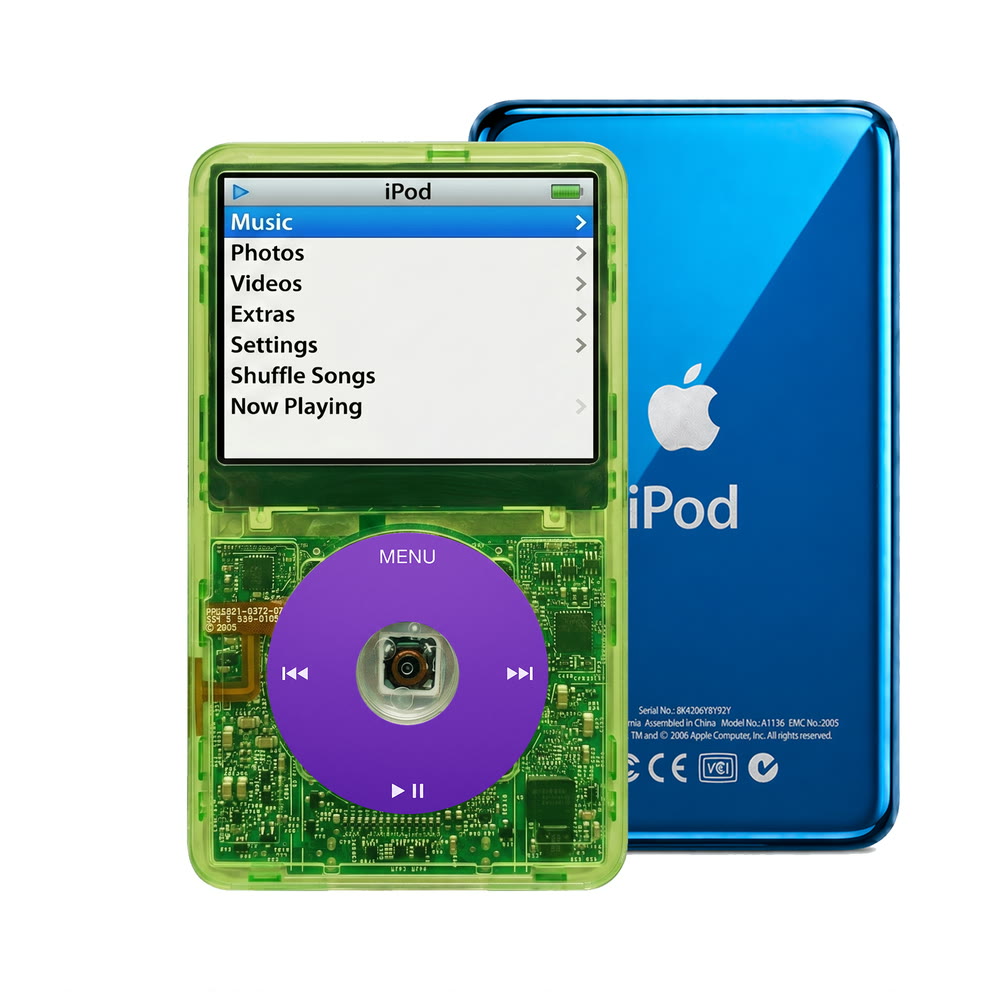 Clear Green refurbished iPod Video 5.5 Gen with Purple click wheel and Blue back plate