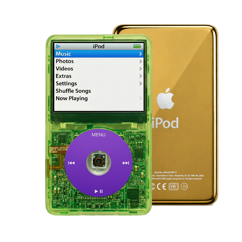 Clear Green refurbished iPod Video 5.5 Gen with Purple click wheel and Gold back plate