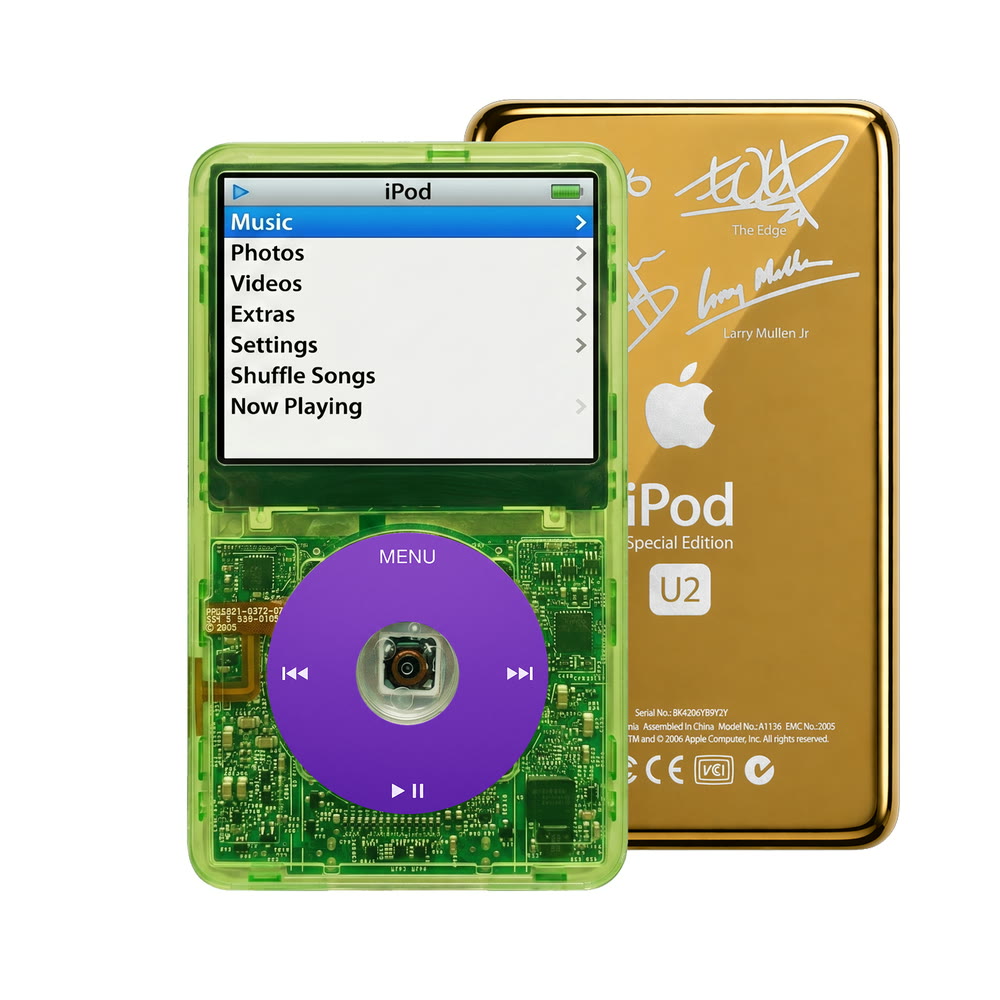 Clear Green refurbished iPod Video 5.5 Gen with Purple click wheel and Gold U2 back plate