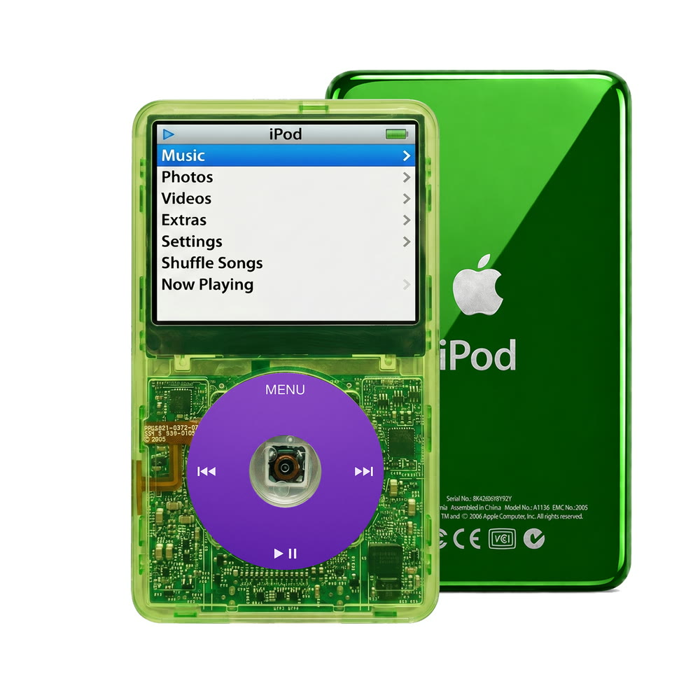 Clear Green refurbished iPod Video 5.5 Gen with Purple click wheel and Green back plate