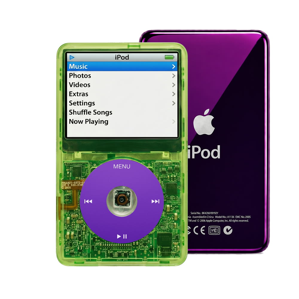 Clear Green refurbished iPod Video 5.5 Gen with Purple click wheel and Purple back plate