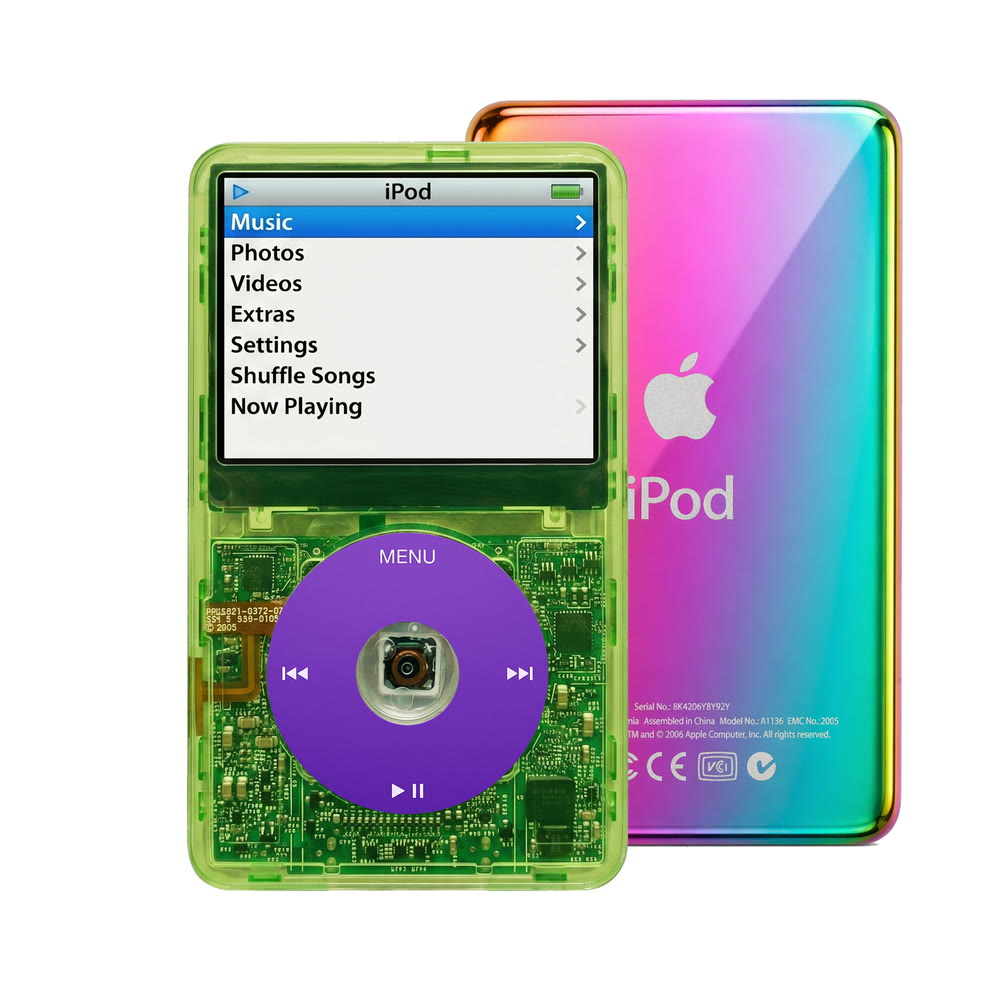 Clear Green refurbished iPod Video 5.5 Gen with Purple click wheel and Rainbow back plate