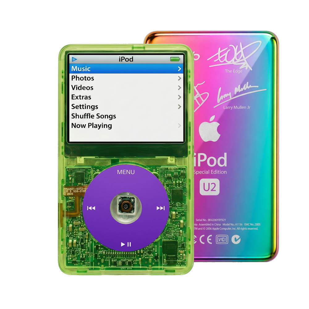 Clear Green refurbished iPod Video 5.5 Gen with Purple click wheel and Rainbow U2 back plate