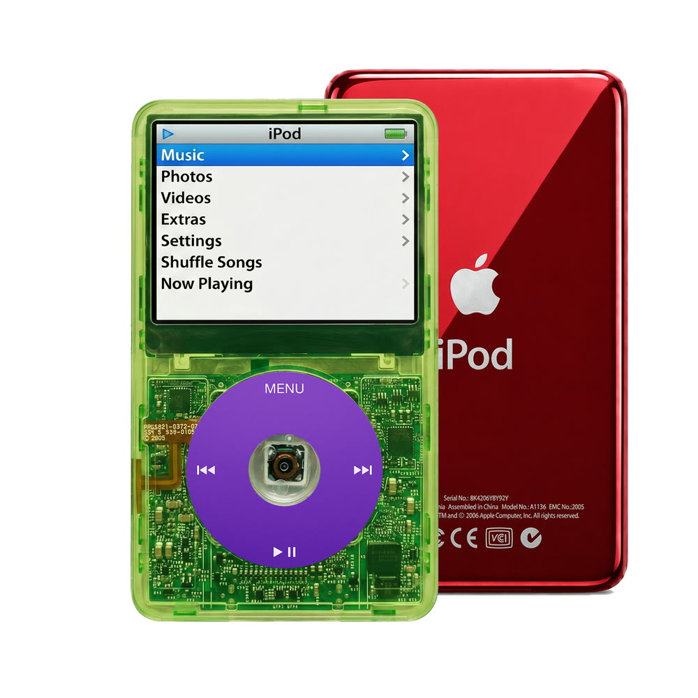 Clear Green refurbished iPod Video 5.5 Gen with Purple click wheel and Red back plate