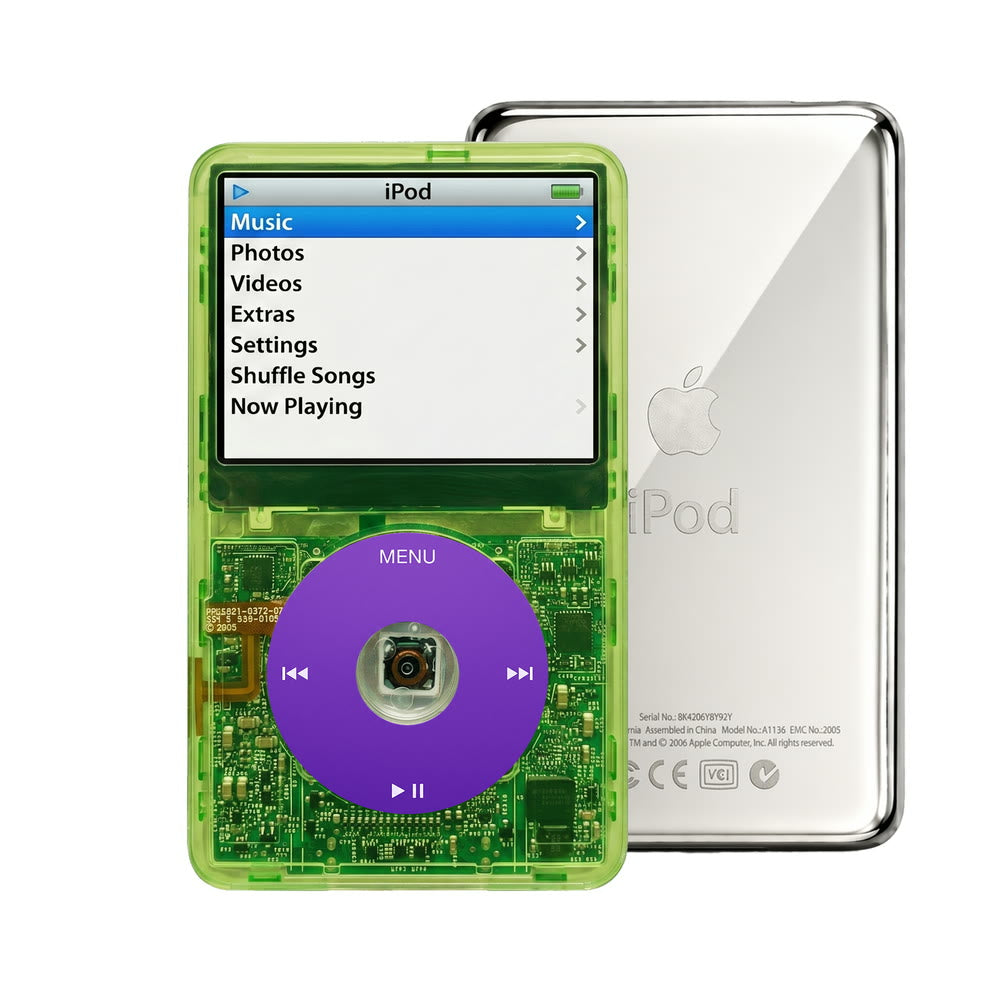 Clear Green refurbished iPod Video 5.5 Gen with Purple click wheel and Silver back plate