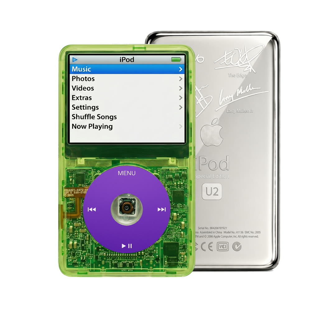 Clear Green refurbished iPod Video 5.5 Gen with Purple click wheel and Silver U2 back plate