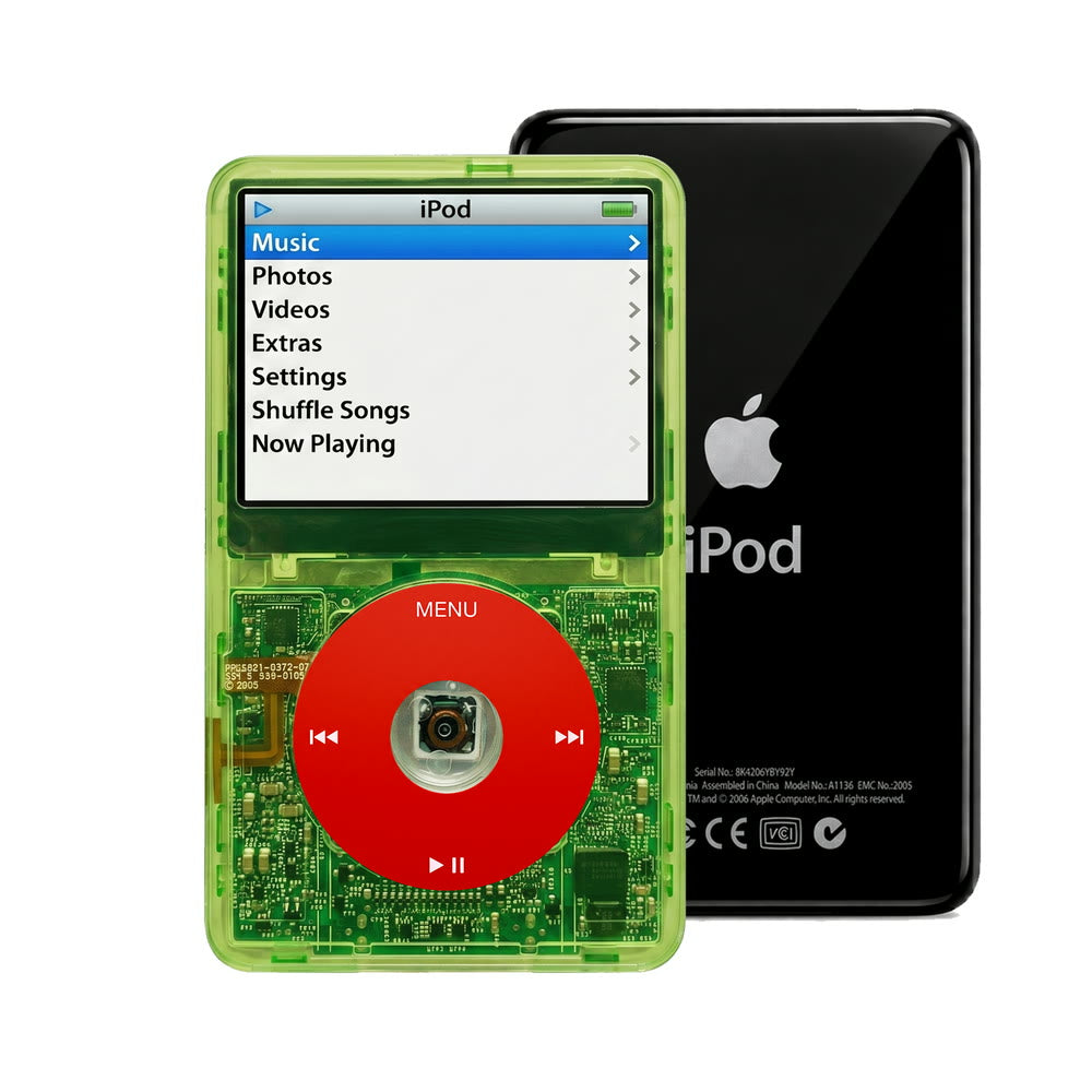 Clear Green refurbished iPod Video 5.5 Gen with Red click wheel and Black back plate