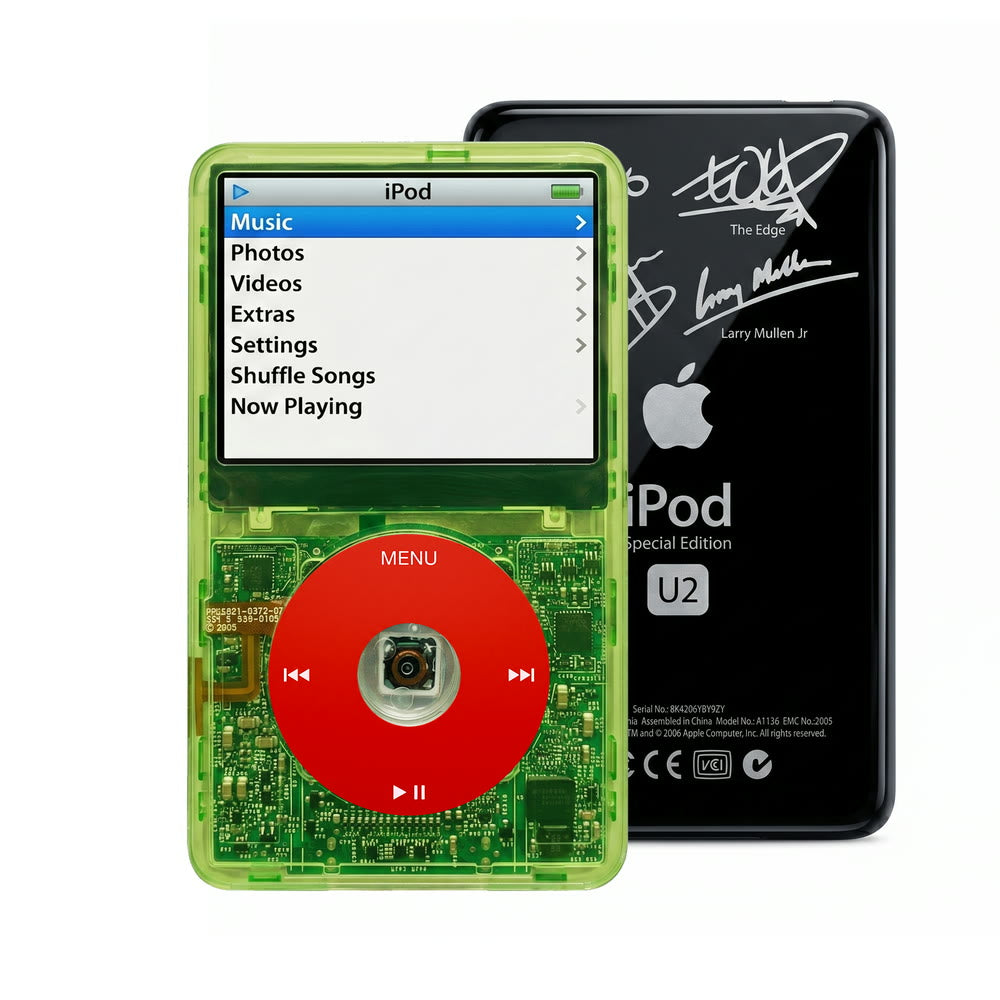 Clear Green refurbished iPod Video 5.5 Gen with Red click wheel and Black U2 back plate