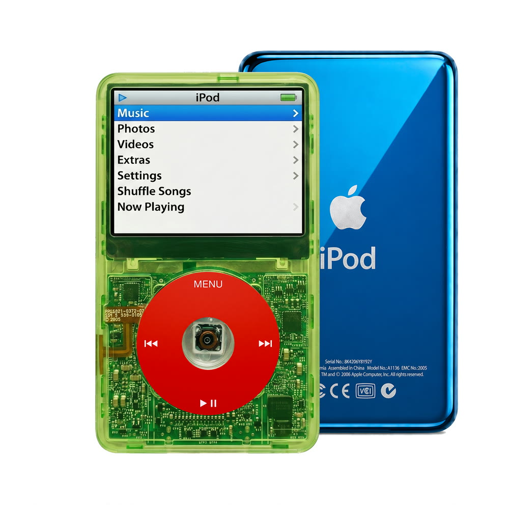 Clear Green refurbished iPod Video 5.5 Gen with Red click wheel and Blue back plate
