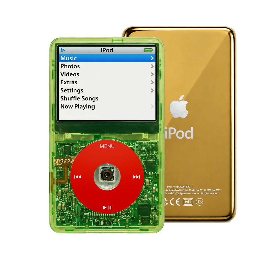 Clear Green refurbished iPod Video 5.5 Gen with Red click wheel and Gold back plate