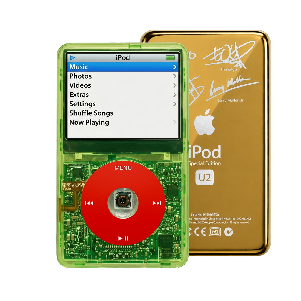 Clear Green refurbished iPod Video 5.5 Gen with Red click wheel and Gold U2 back plate