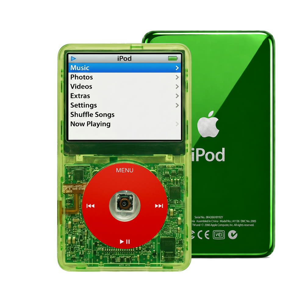 Clear Green refurbished iPod Video 5.5 Gen with Red click wheel and Green back plate