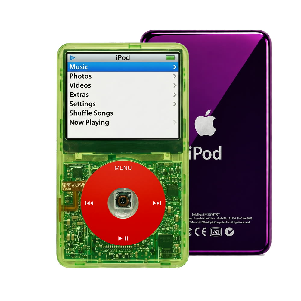 Clear Green refurbished iPod Video 5.5 Gen with Red click wheel and Purple back plate