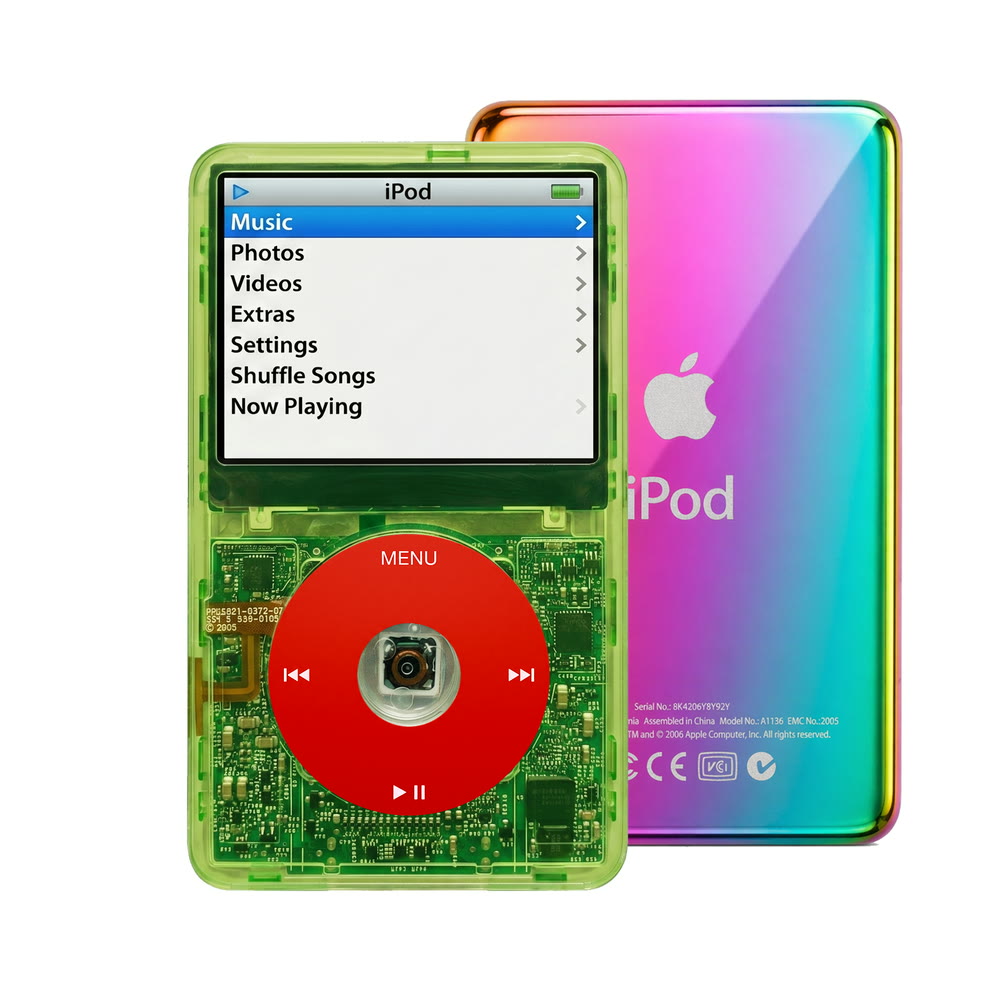 Clear Green refurbished iPod Video 5.5 Gen with Red click wheel and Rainbow back plate