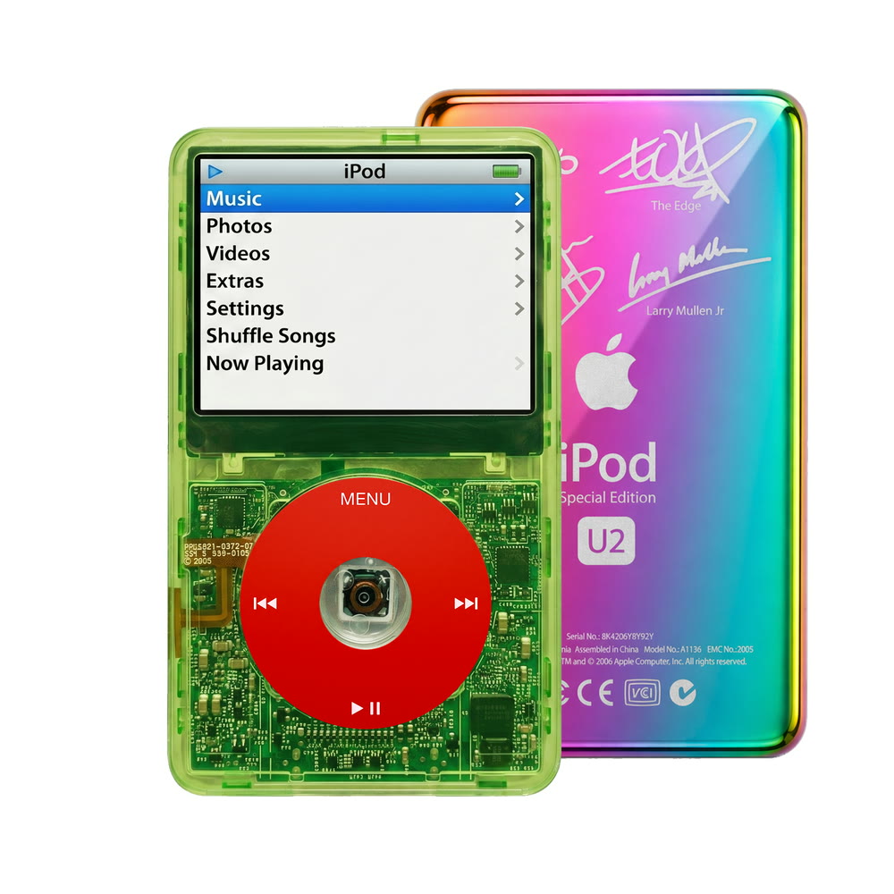 Clear Green refurbished iPod Video 5.5 Gen with Red click wheel and Rainbow U2 back plate