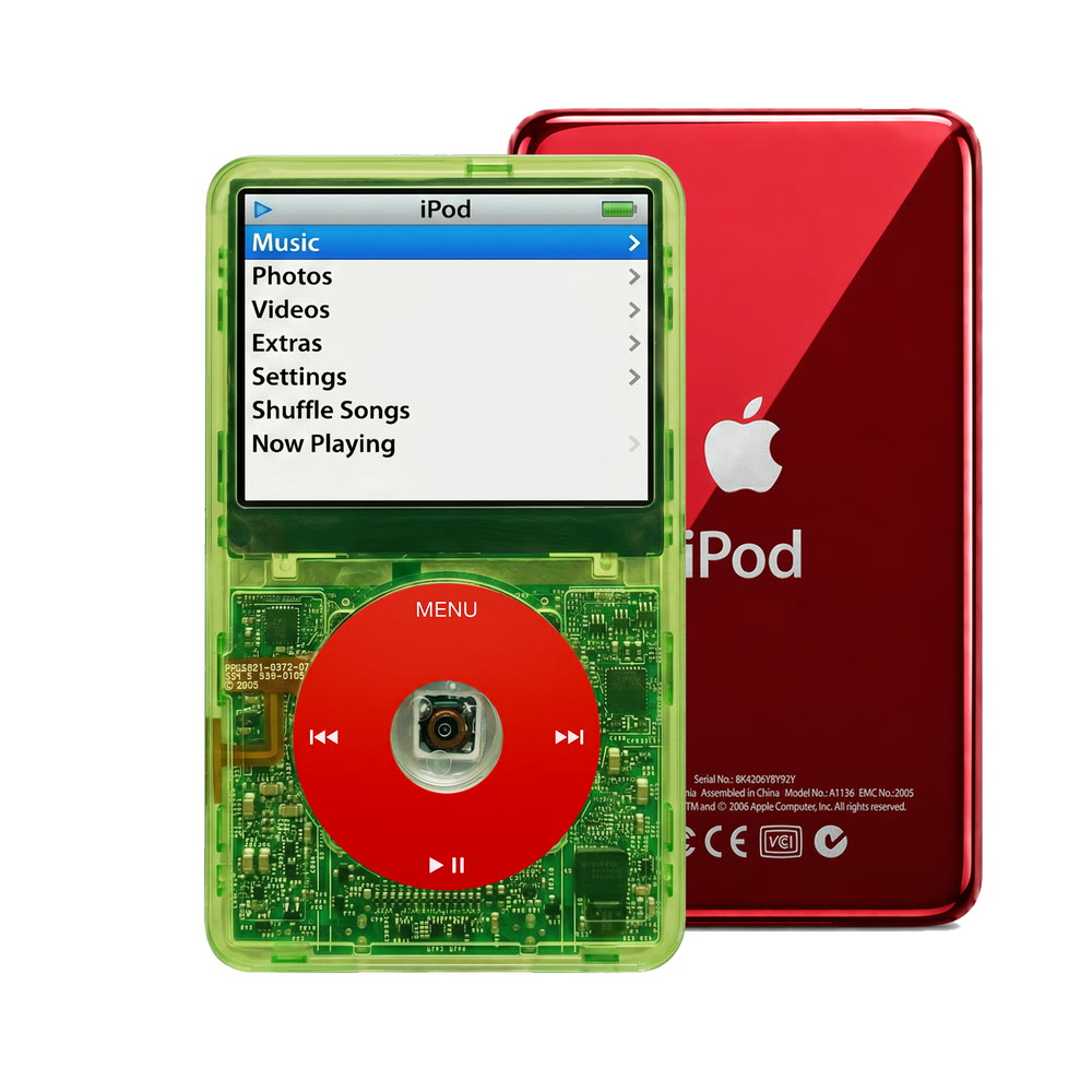 Clear Green refurbished iPod Video 5.5 Gen with Red click wheel and Red back plate