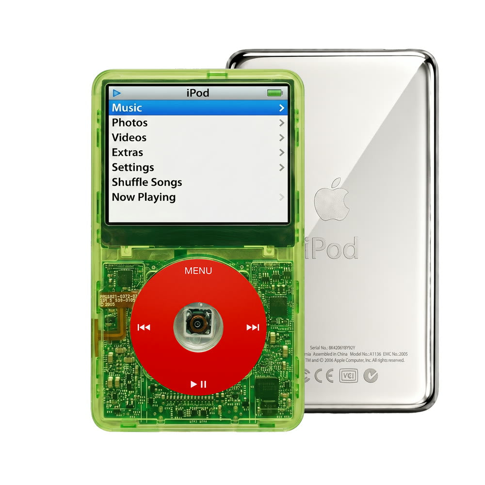 Clear Green refurbished iPod Video 5.5 Gen with Red click wheel and Silver back plate
