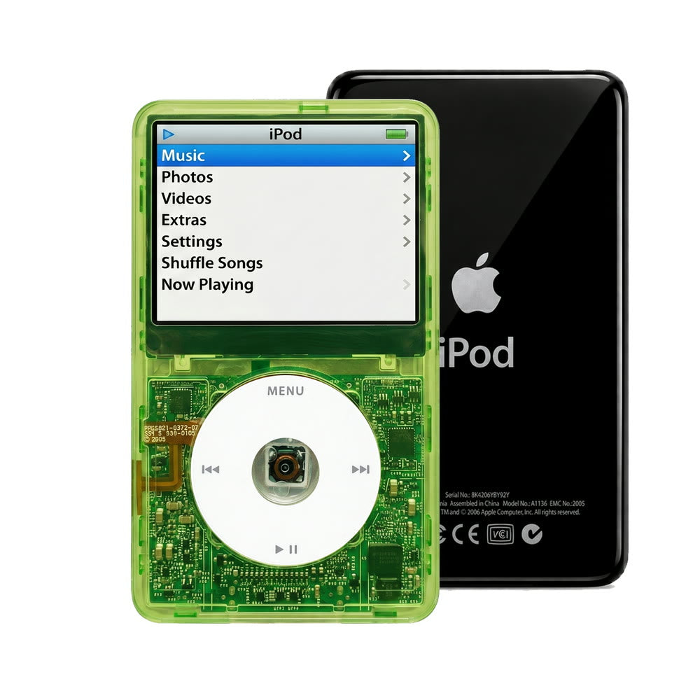Clear Green refurbished iPod Video 5.5 Gen with White click wheel and Black back plate