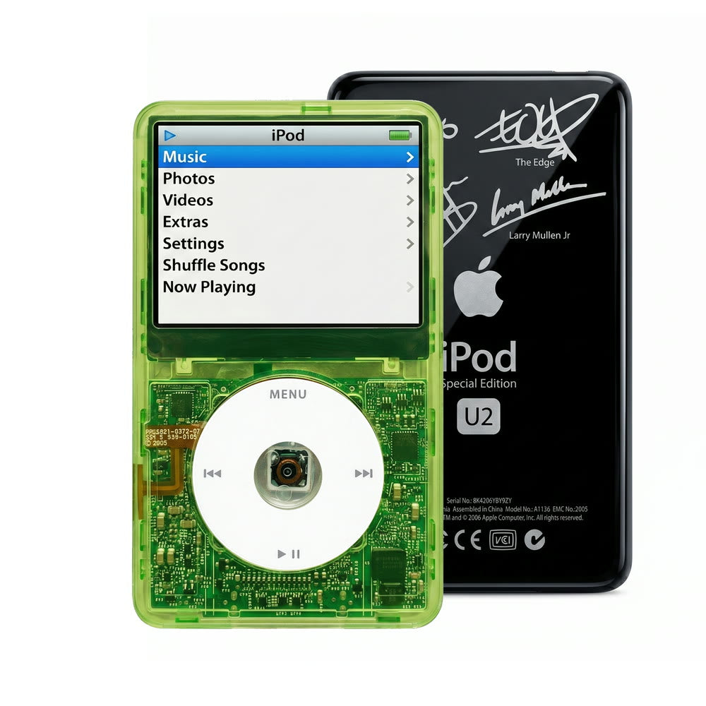 Clear Green refurbished iPod Video 5.5 Gen with White click wheel and Black U2 back plate