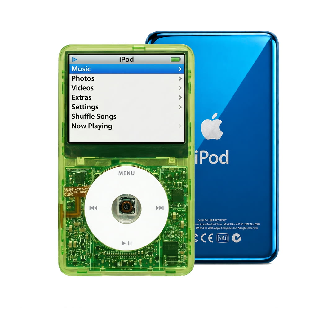 Clear Green refurbished iPod Video 5.5 Gen with White click wheel and Blue back plate