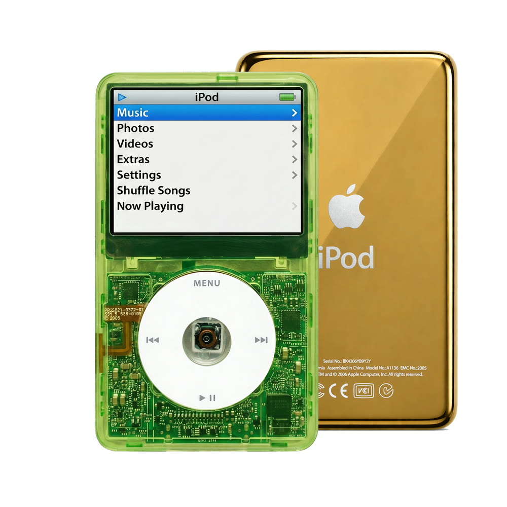 Clear Green refurbished iPod Video 5.5 Gen with White click wheel and Gold back plate
