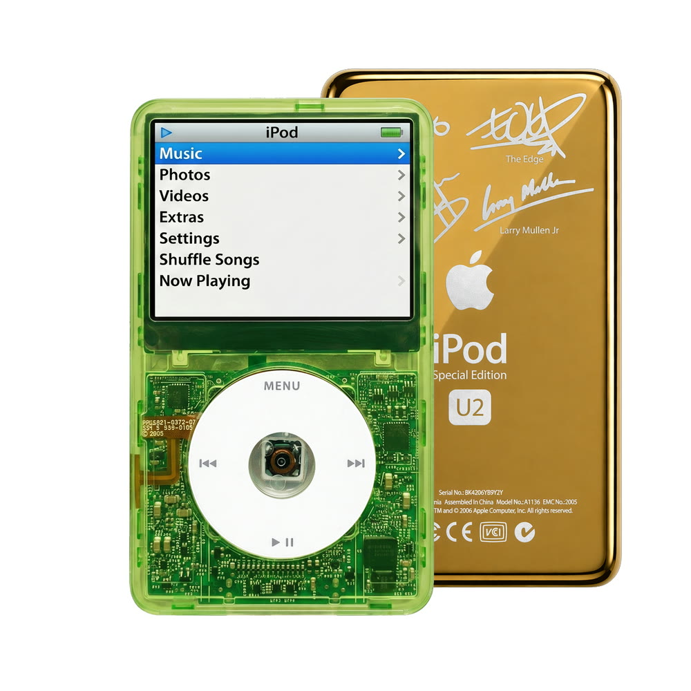 Clear Green refurbished iPod Video 5.5 Gen with White click wheel and Gold U2 back plate