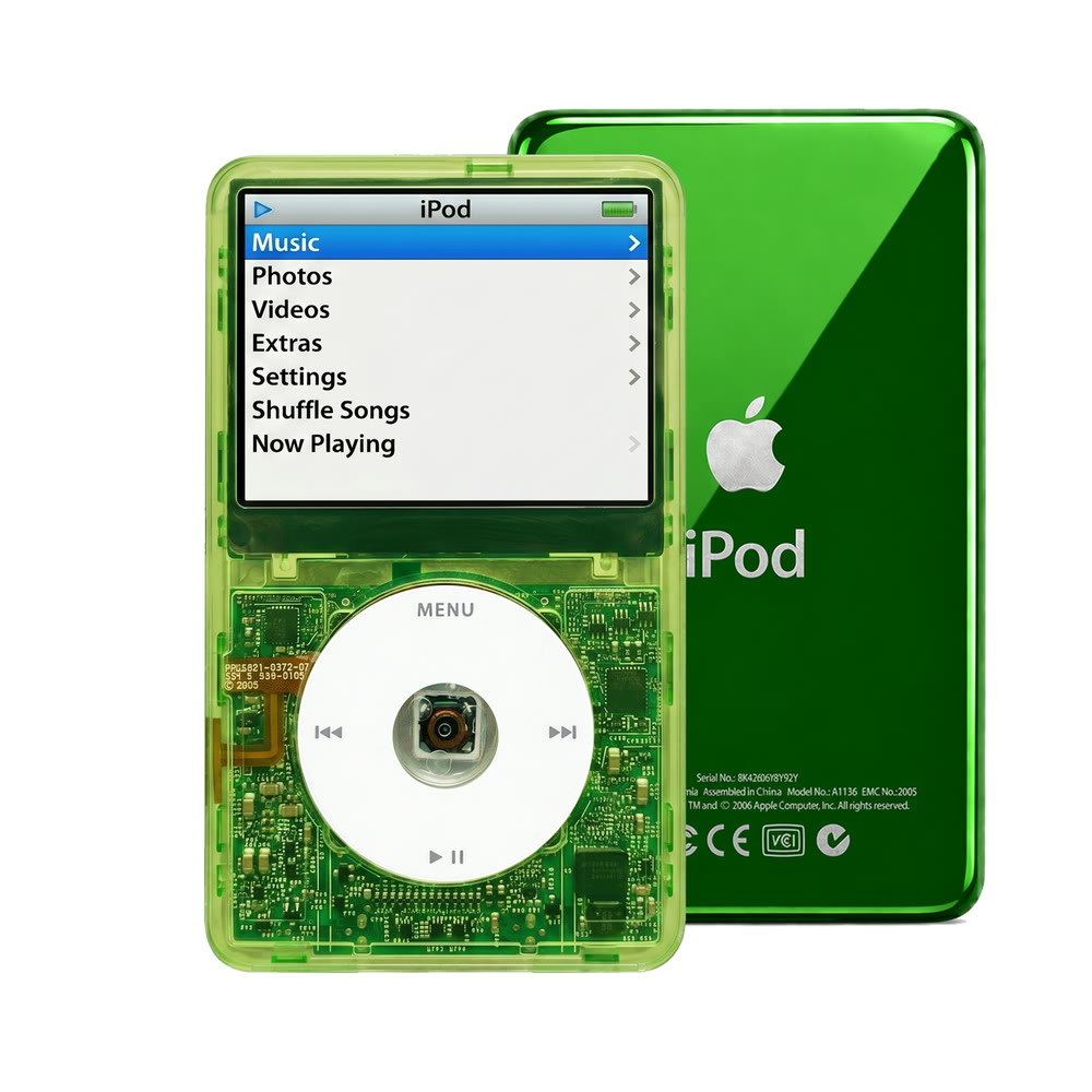 Clear Green refurbished iPod Video 5.5 Gen with White click wheel and Green back plate