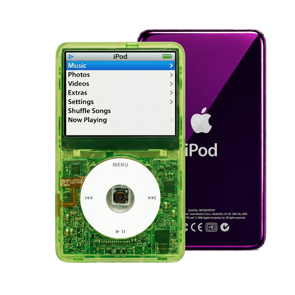 Clear Green refurbished iPod Video 5.5 Gen with White click wheel and Purple back plate