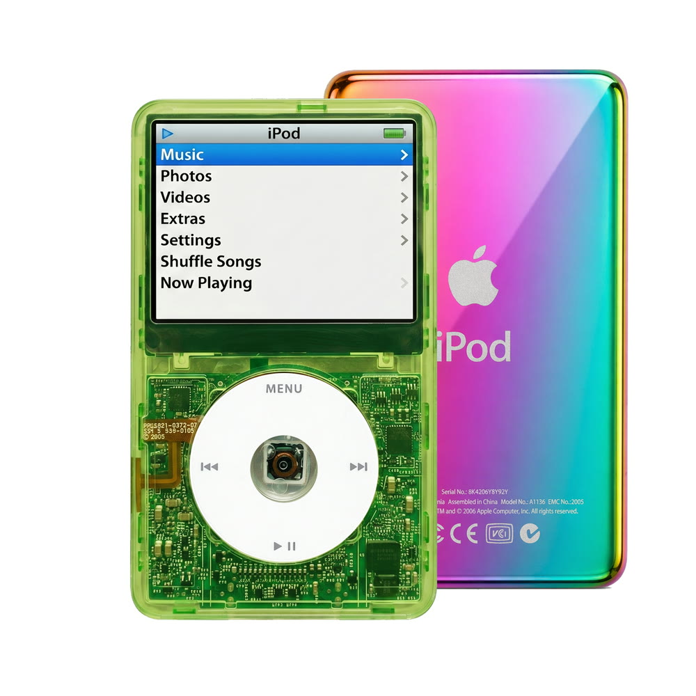 Clear Green refurbished iPod Video 5.5 Gen with White click wheel and Rainbow back plate