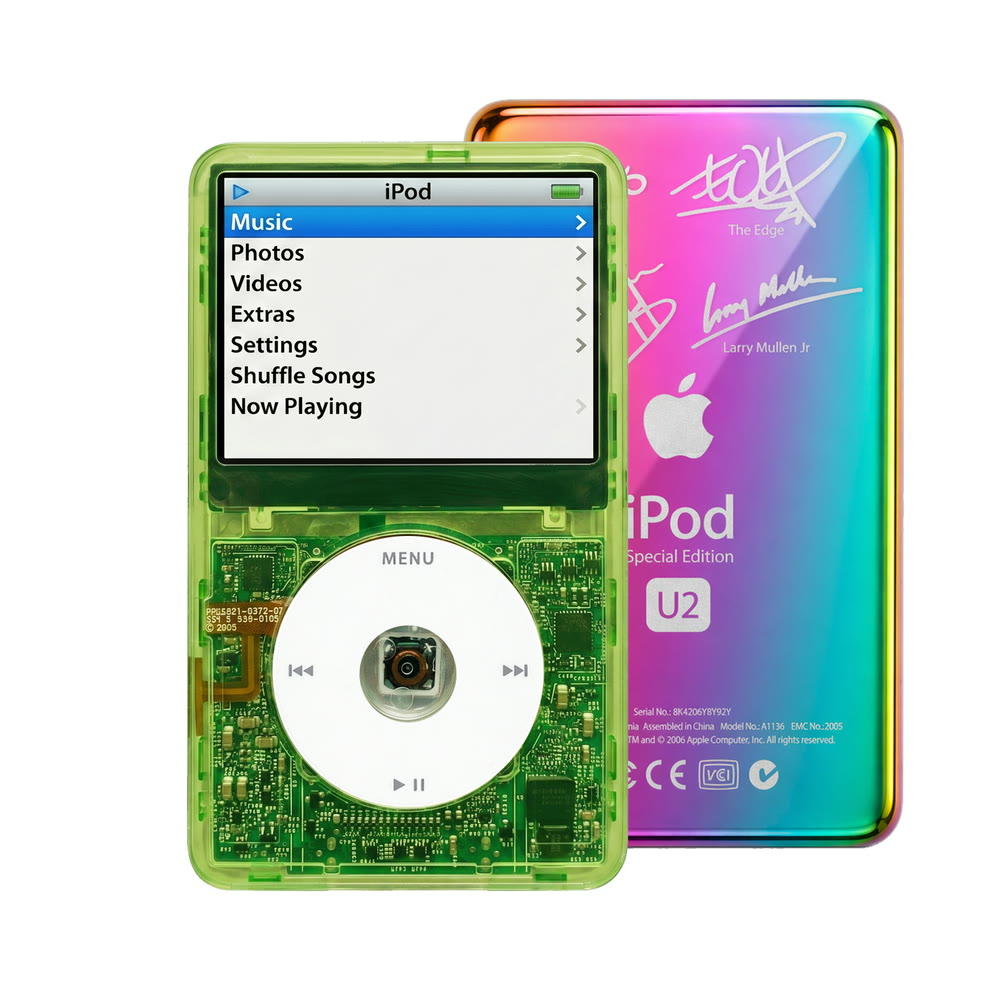 Clear Green refurbished iPod Video 5.5 Gen with White click wheel and Rainbow U2 back plate