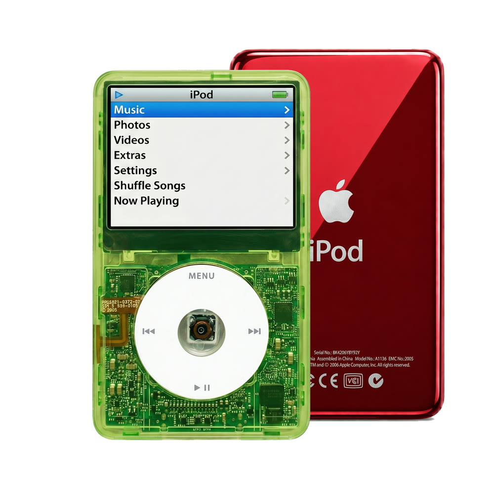 Clear Green refurbished iPod Video 5.5 Gen with White click wheel and Red back plate