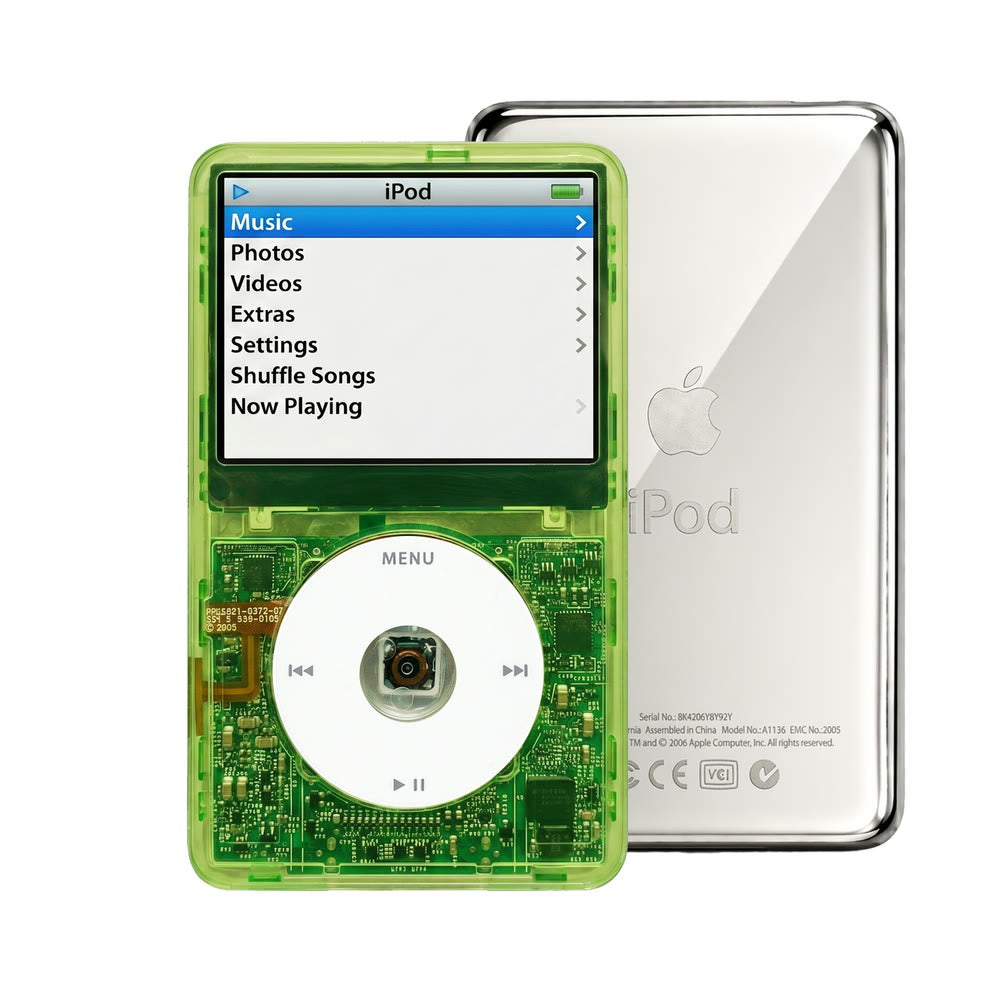 Clear Green refurbished iPod Video 5.5 Gen with White click wheel and Silver back plate