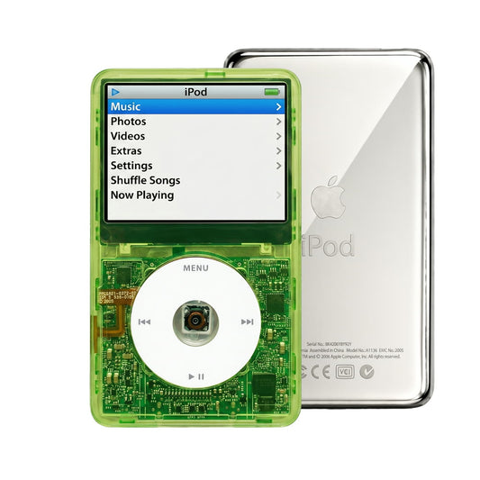 Clear Green refurbished iPod Video 5.5 Gen with White click wheel and Silver back plate