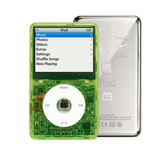 Clear Green refurbished iPod Video 5.5 Gen with White click wheel and Silver U2 back plate