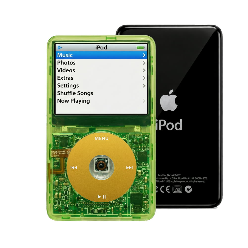 Clear Green refurbished iPod Video 5.5 Gen with Yellow click wheel and Black back plate